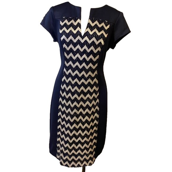 Connected Dress Navy Blue 12 Lace Panel Short Sleeve Washable Sheath - Picture 1 of 7